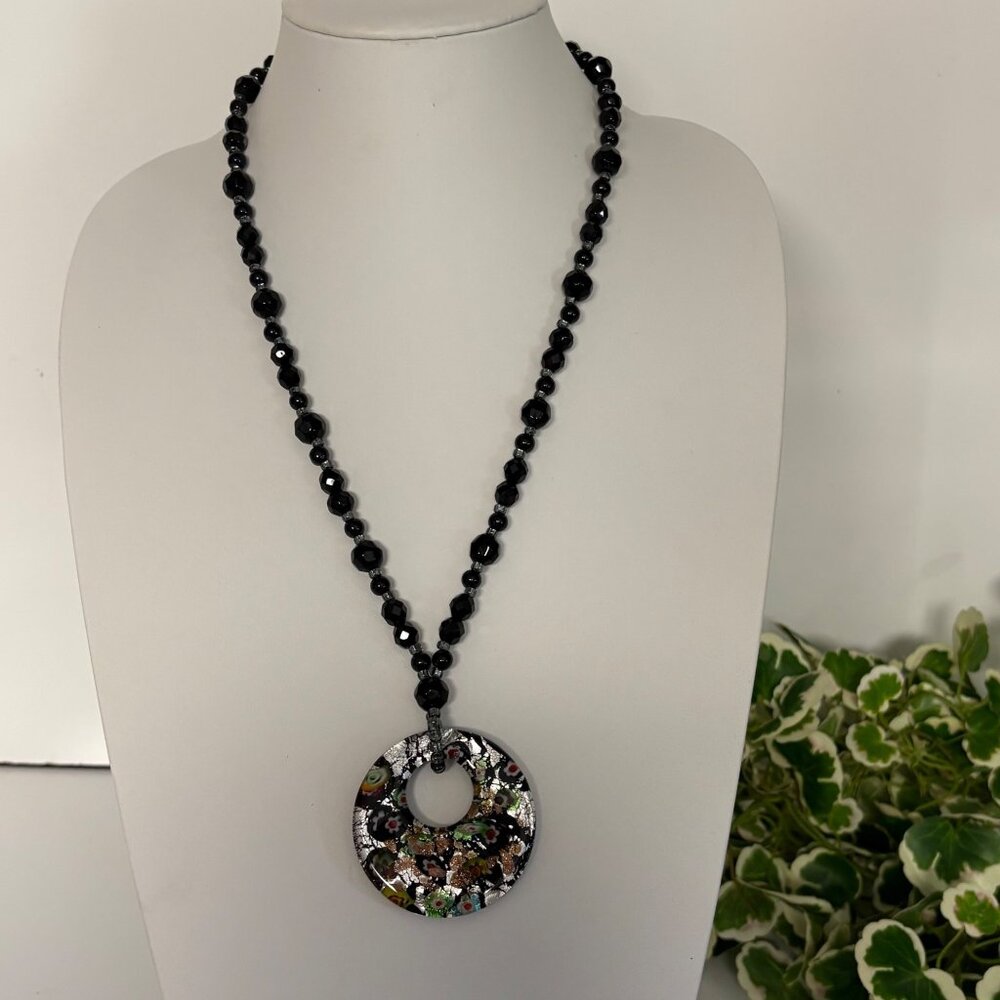 Black Faceted Bead Necklace Round Mosaic Silver Foil Glass Pendant Artisan